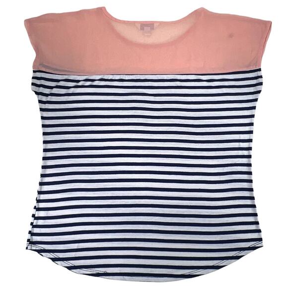 Charming Charlie Sleeveless Stripe Tee Shirt Blouse Sheer Peach Chiffon Shoulder - Picture 2 of 11